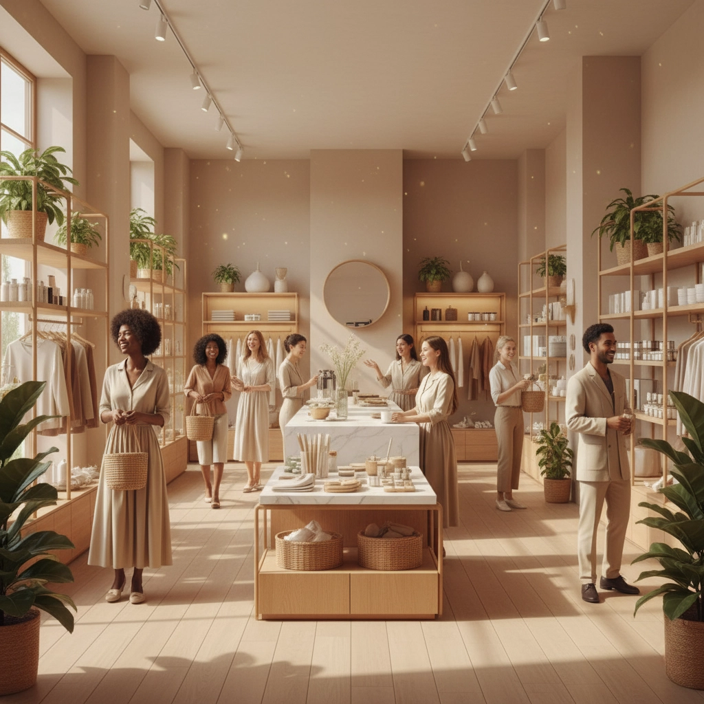 Clients et employés détendus dans un commerce harmonisé énergétiquement.