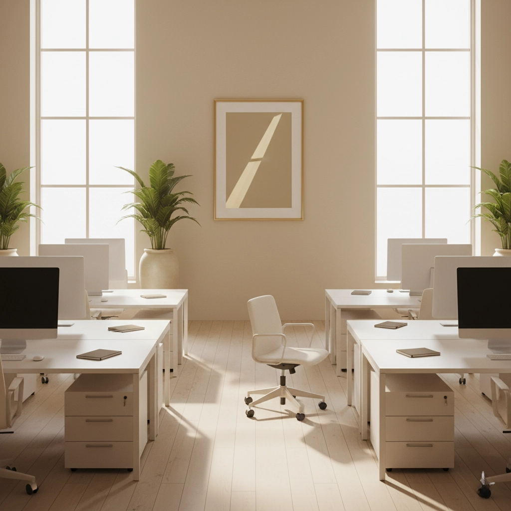 Commerce ou bureau bien tenu mais ambiance figée, symbolisant un lieu désaligné.